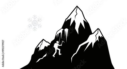 Climber Ascending Snowy Mountain Peak Silhouette.