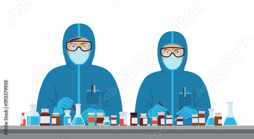 Two medical professionals in full hazmat suits and masks work with vials and bottles on a lab bench in a sterile environment.