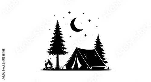 Camping Scene with Tent and Trees.