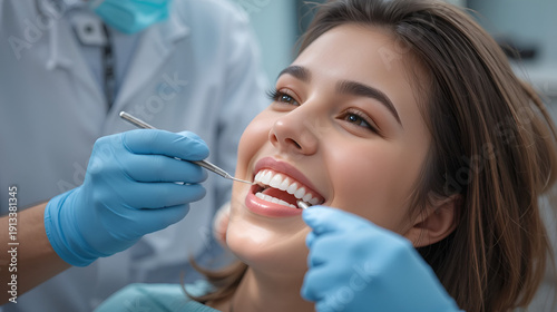 Dental checkup in progress with a patient smiling and a dentist examining teeth using an instrument in a well-lit clinic