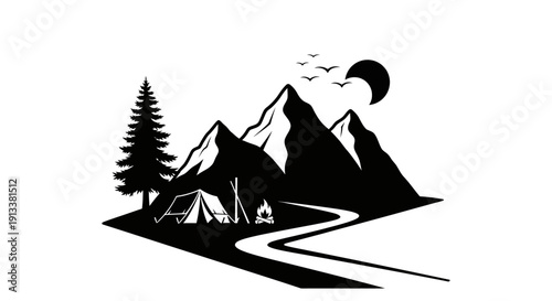 Camping Scene with Mountains and Tree Silhouette.