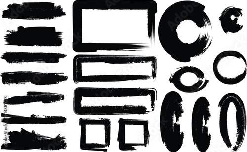 Collection of ink brush stroke shapes and frames on white ink, brush, stroke, grunge, paint