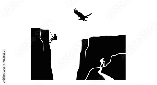 Climbers Ascending Rocky Cliffs with Helicopter Support.