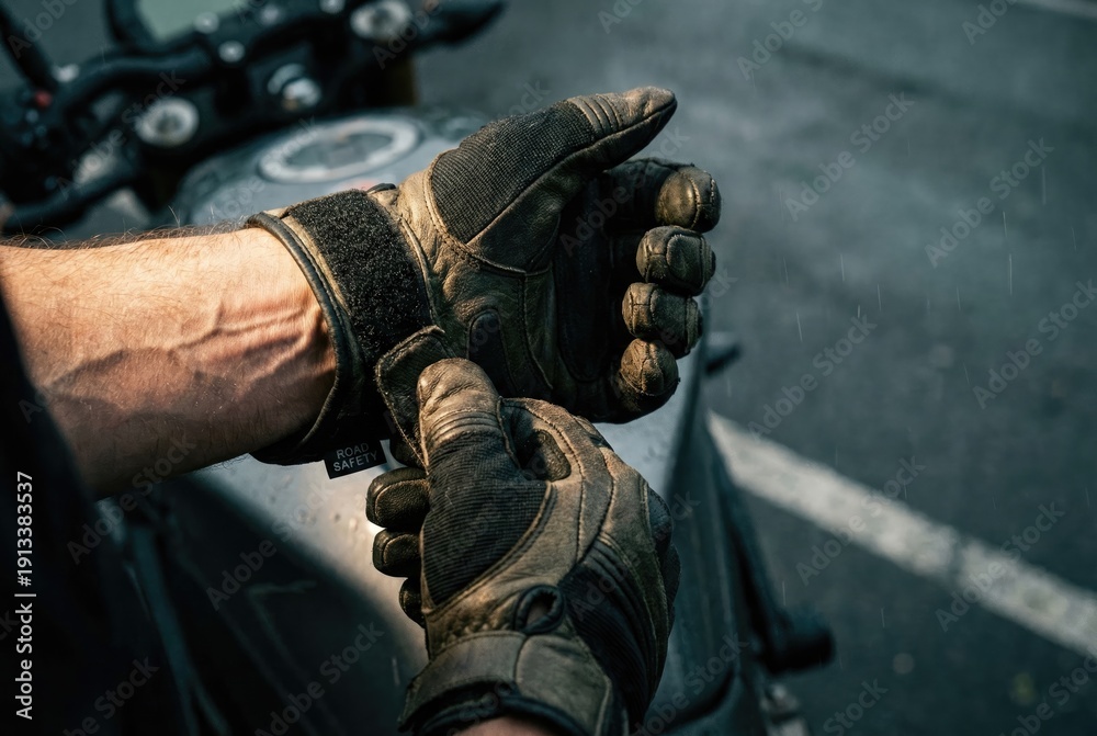 Fototapeta premium A man with veiny arms fastens the strap on his protective motorcycle gloves, preparing for a ride.