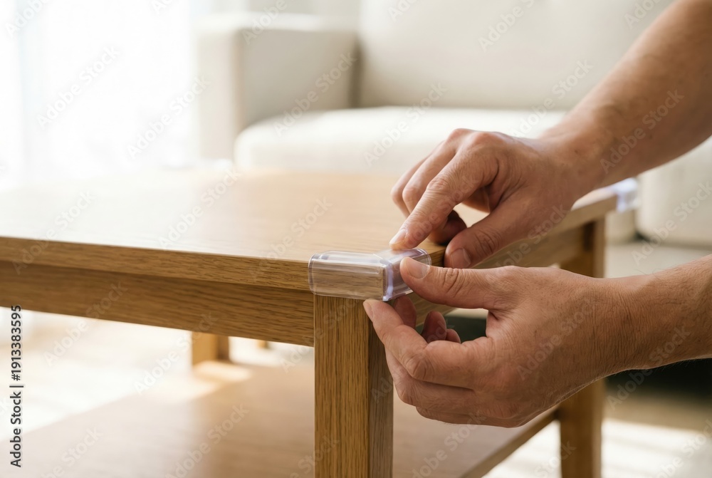 Obraz premium Parent's hands applying a clear, soft silicone corner guard to a wooden coffee table for child safety and baby proofing the home.