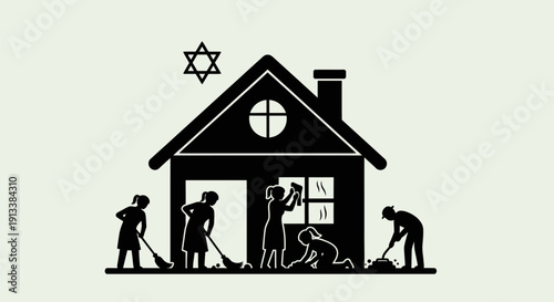 Jewish Family Cleaning House Together Illustration.