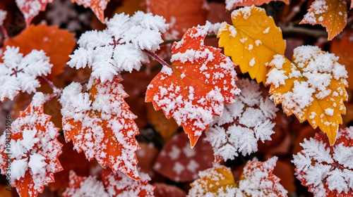 Snowflakes gently settle on autumn leaves frost, frozen, winter, nature