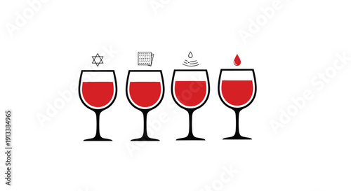 Four Wine Glasses with Red Wine and Symbols.
