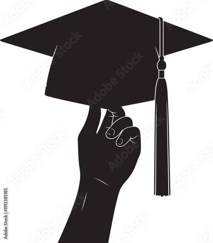 Silhouette of a triumphant graduate on a mountain peak with a flag, celebrating reaching the pinnacle of academic success.