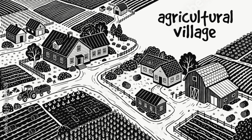agricultural village rural landscape with farmhouse houses beside cultivated fields countryside settlement along country road under wide horizon showing traditional community architecture