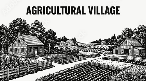 agricultural village rural landscape with farmhouse houses beside cultivated fields countryside settlement along country road under wide horizon showing traditional community architecture