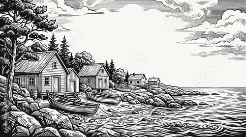 lakeside village rural landscape with small houses near calm water countryside settlement along quiet road and distant horizon showing community architecture