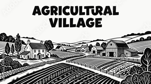 agricultural village rural landscape with farmhouse houses beside cultivated fields countryside settlement along country road under wide horizon showing traditional community architecture