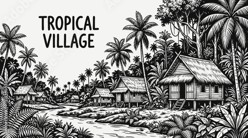 tropical village rural landscape with wooden houses among palm trees countryside settlement near sandy road and bright horizon showing community architecture