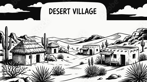 desert village rural landscape with clay houses across arid countryside settlement beside sandy road and open horizon showing traditional community architecture environment