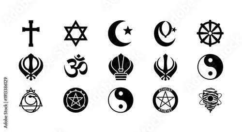 Collection of Religious and Spiritual Symbols Representing Diverse Belief Systems