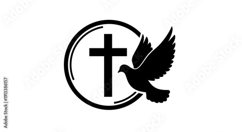 Christian Cross and Dove Symbol of Peace and Faith with Circle Emblem for Religious and Spiritual Concepts