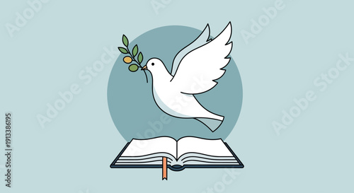 An illustration of a dove carrying an olive branch above an open book, symbolizing peace, knowledge, and hope