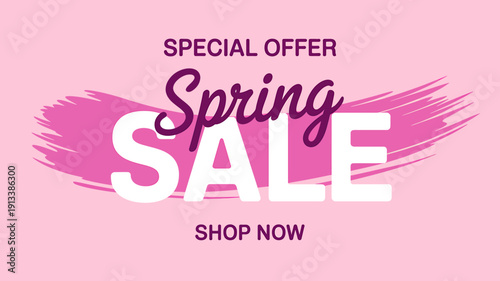 Spring sale special offer shop now on pink background with white and purple text
