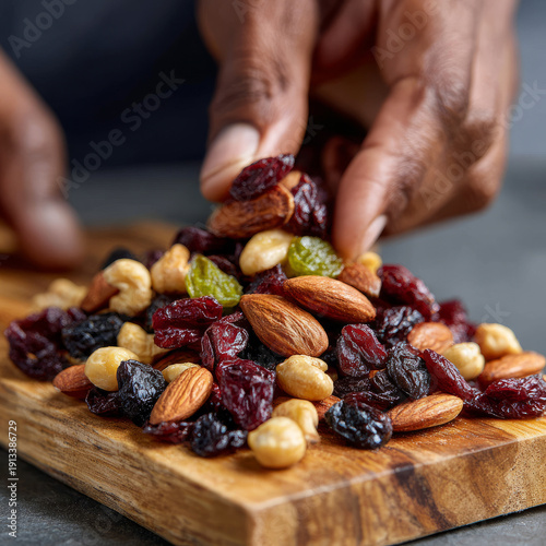 Assorted nuts and dried fruits on wooden board with hands arranging