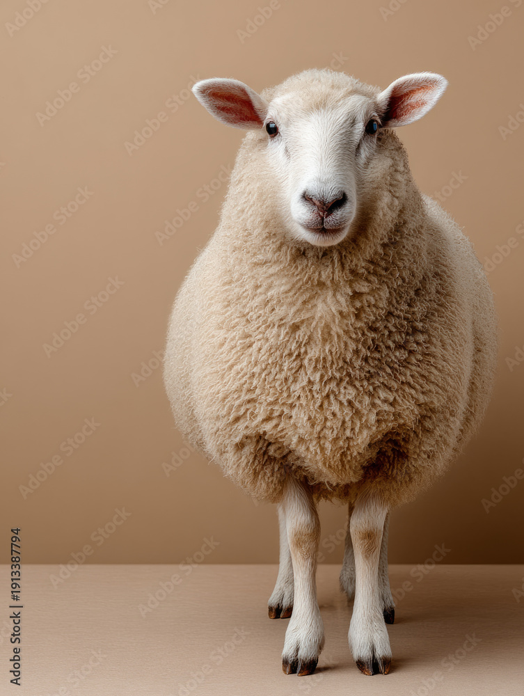 Fototapeta premium Adorable fluffy sheep standing against plain backdrop