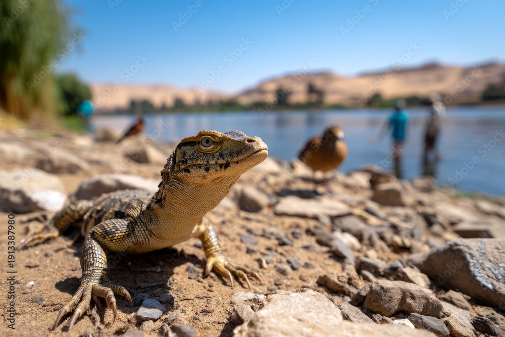 Fototapeta premium Wildlife Adventure on the Nile River Featuring Monitors and Birds