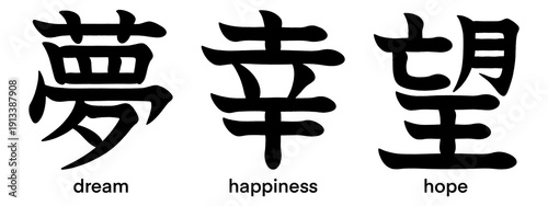 Konstfotografi Japanese kanji characters for dream, hope and happiness isolated on transparent