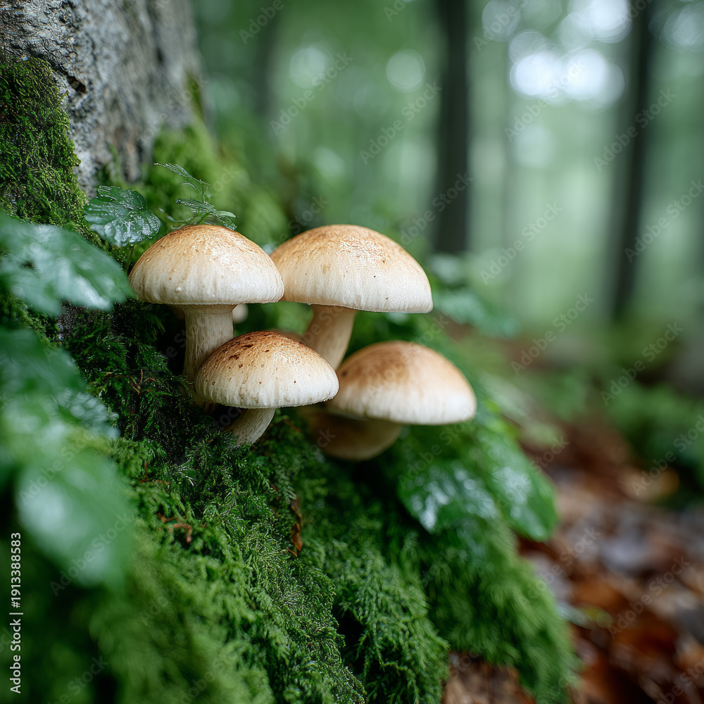 Fototapeta premium Wild mushrooms growing on moss-covered forest tree
