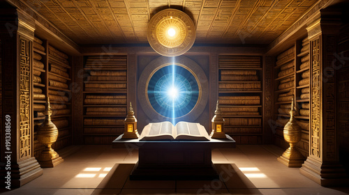 Divine light radiating a sacred shrine filled with ancient scrolls symbolic artifacts and celestial illumination