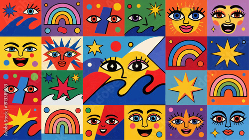 Vibrant faces and rainbow patterns in a colorful collage with eyes and stars, illustrated in a playful digital artwork