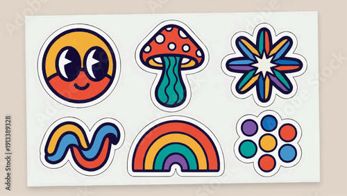 A collection of colorful stickers featuring various designs on a white background viewed from directly above showcasing emotive elements and symbols