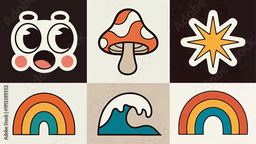 Vibrant Graphic Icons Depicting Nature and Emotions in a 3x2 Grid Layout