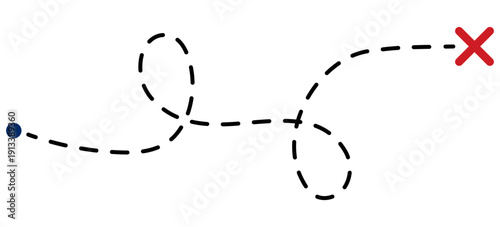 Old treasure map with red X mark and dotted trail leading to hidden spot. Ancient quest route with dashed path lines and cross symbol. Vector illustration isolated on white.