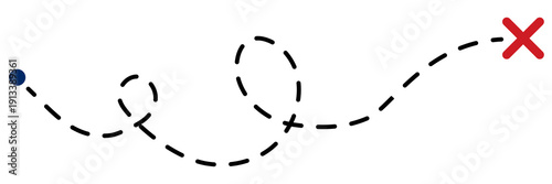 Old treasure map with red X mark and dotted trail leading to hidden spot. Ancient quest route with dashed path lines and cross symbol. Vector illustration isolated on white.