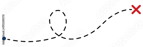 Old treasure map with red X mark and dotted trail leading to hidden spot. Ancient quest route with dashed path lines and cross symbol. Vector illustration isolated on white.