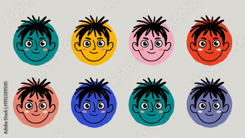 Eight cartoon faces with different colored skin tones and hairstyles displayed in a grid pattern on a plain background from a straightforward viewpoint