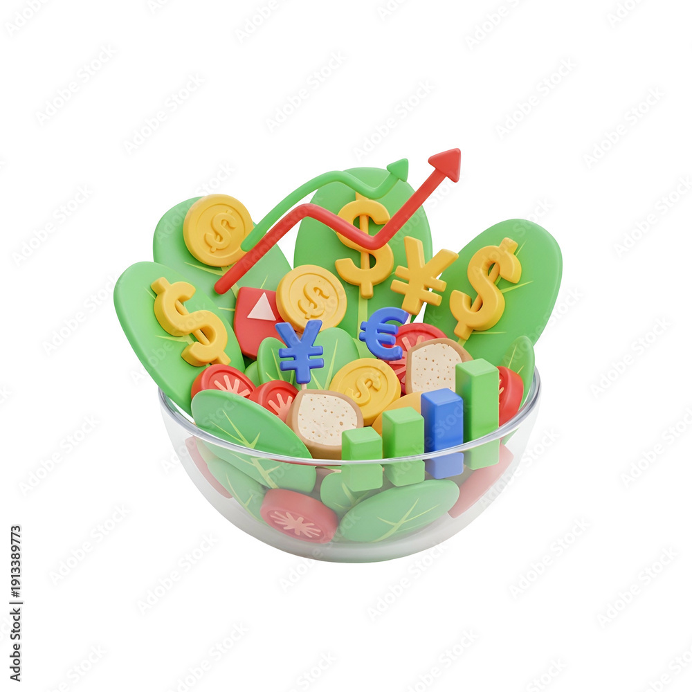 Obraz premium 3D rendered bowl of salad with money symbols and upward trend arrow