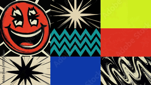 Vibrant abstract composition featuring geometric shapes and patterns in a colorful arrangement