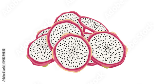 A pile of white dragon fruit slices, revealing black seeds and pink skin edges, is neatly arranged on a clean white background.