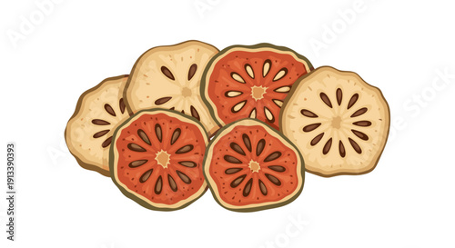 Various dried bael fruit slices, showing intricate star-like patterns and different brown and orange tones, are piled on a white surface.