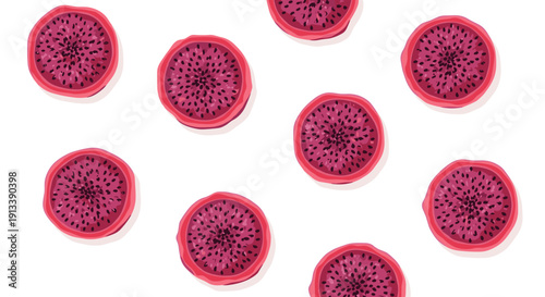 A scattered pattern of vibrant pink dragon fruit cross-sections, packed with black seeds, casts subtle shadows on a clean white background.