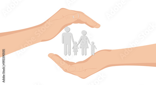 Two human hands cup and support a grey iconic family symbol featuring father, mother, and two children.
