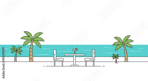 Two chairs and a table with a cocktail sit on a sandy beach under palm trees by the calm blue sea.