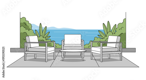 An outdoor patio area with three modern armchairs and a coffee table overlooks a serene lake or sea with lush green foliage.