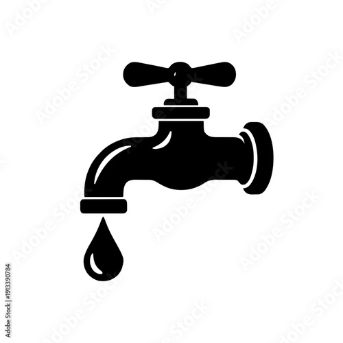 A black faucet with a drop of water icon