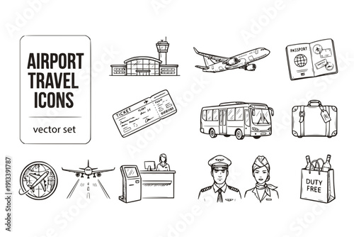 Airport Travel Icons Plane-Ticket Passport Transport Luggage Check-In Pilot Stewardess Duty-Free Landing Airport-Travel Vector Set - Airport Icons