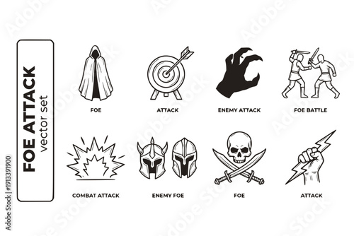 Foe Attack Enemy-Attack Foe-Battle Combat-Attack Enemy-Foe Battle-Attack Foe-Combat Enemy-Combat Attack-Action Foe-Enemy Vector Set - Enemy Attack