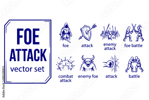 Foe Attack Enemy-Attack Foe-Battle Combat-Attack Enemy-Foe Battle-Attack Foe-Combat Enemy-Combat Attack-Action Foe-Enemy Vector Set - Enemy Attack