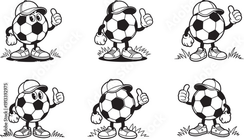 Six black and white cartoon soccer balls with arms, legs, and caps giving a thumbs up, perfect for sports advertising.