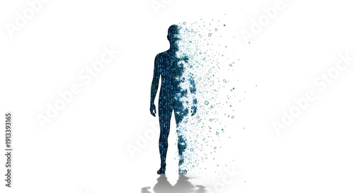 Abstract Human Silhouette Disintegrating into Blue Particles on White Background